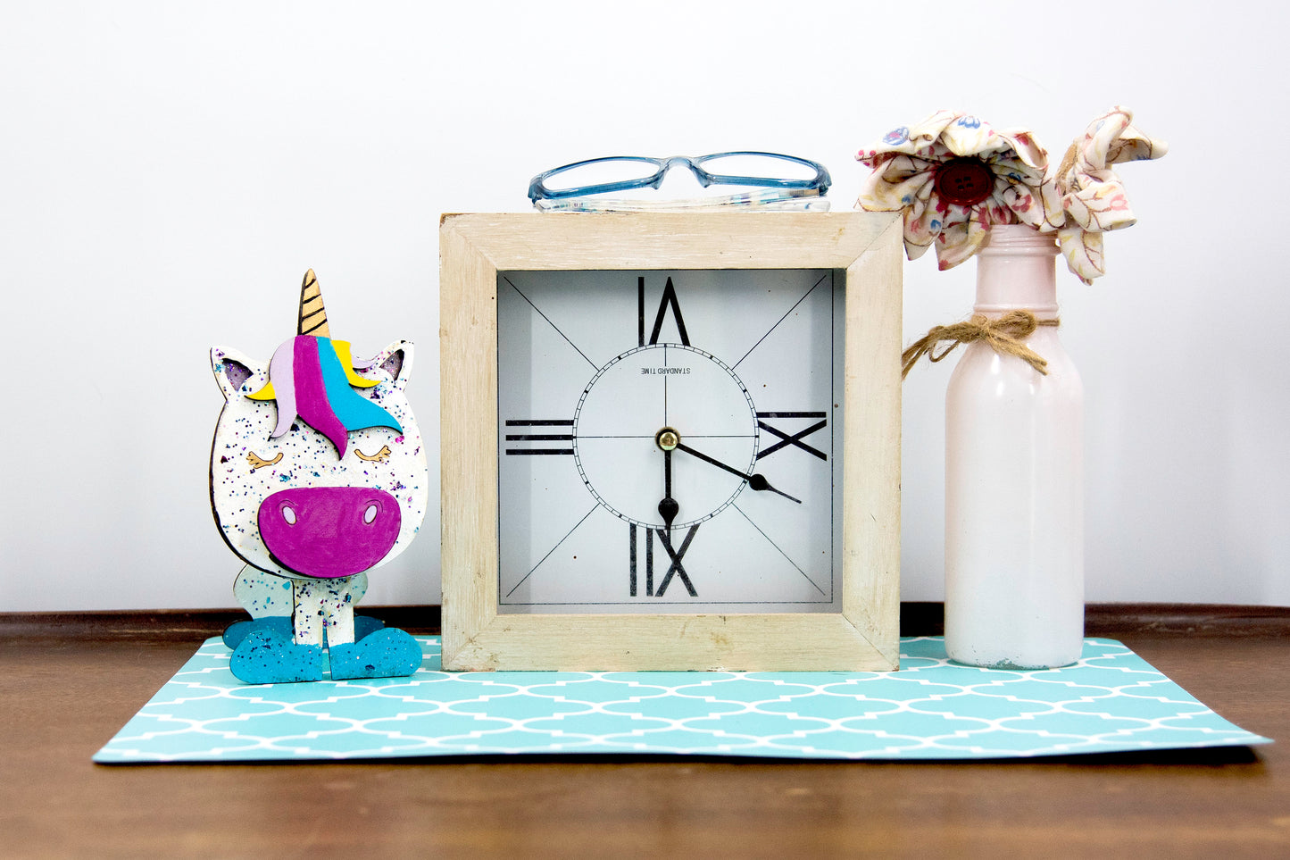 Handmade wooden unicorn glasses stand in whimsical pastel colors, a unique and magical eyeglass holder for desks, dressers, or kids' rooms, perfect as a gift for unicorn lovers or fantasy-themed decor.