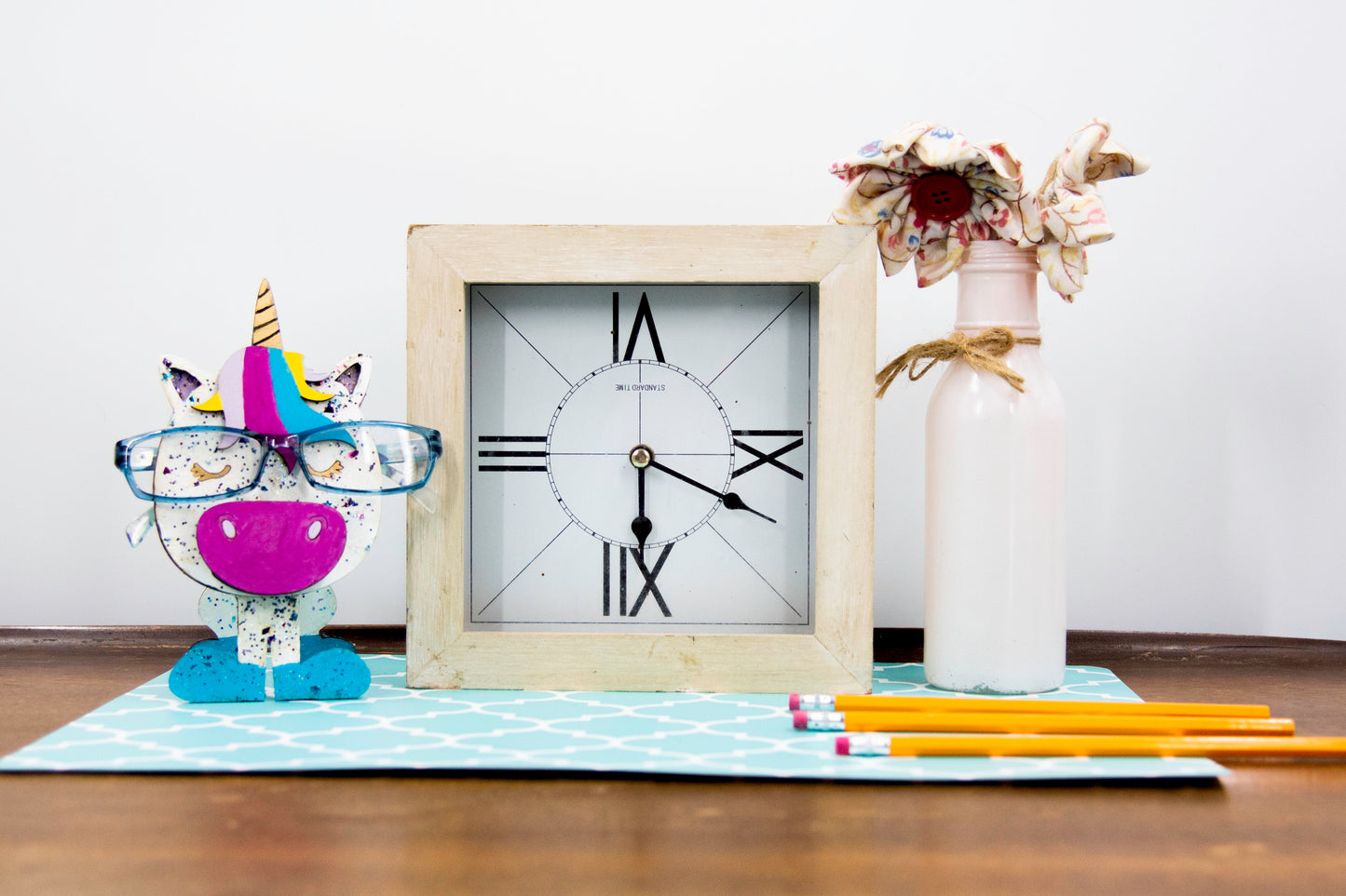Handmade wooden unicorn glasses stand in whimsical pastel colors, a unique and magical eyeglass holder for desks, dressers, or kids' rooms, perfect as a gift for unicorn lovers or fantasy-themed decor.