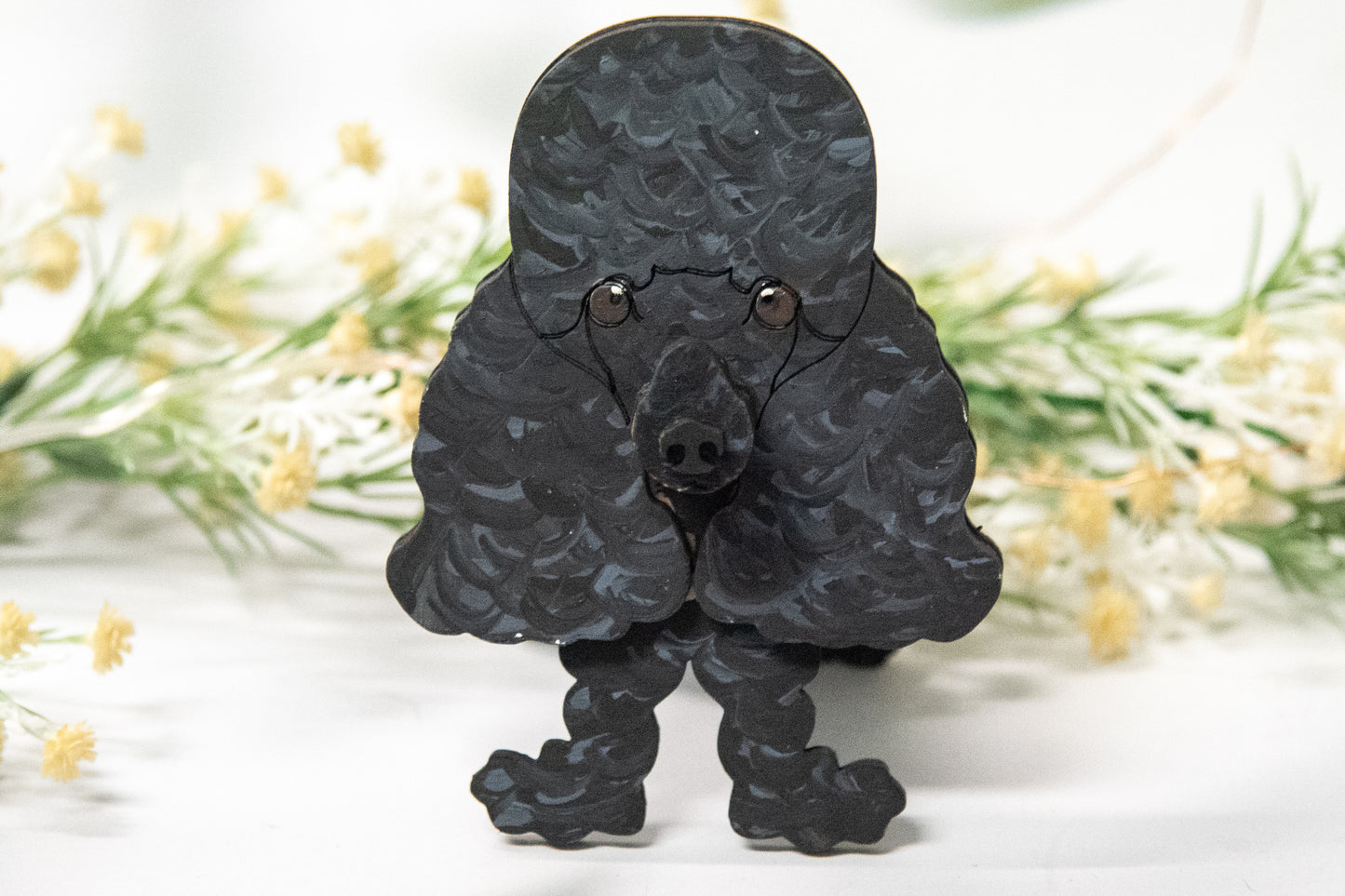 Handcrafted wooden poodle glasses holder stand in standard or miniature poodle shape, with optional bow detail, shown in black and white but fully customizable, unique dog lover gift