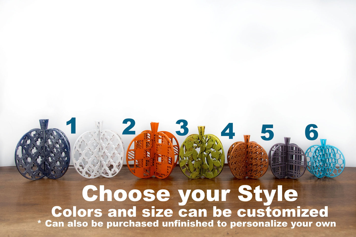 Set of handcrafted 3D wooden pumpkins in fall colors with interlocking design, standing upright for tiered trays or shelf decor, available in custom or traditional autumn tones.