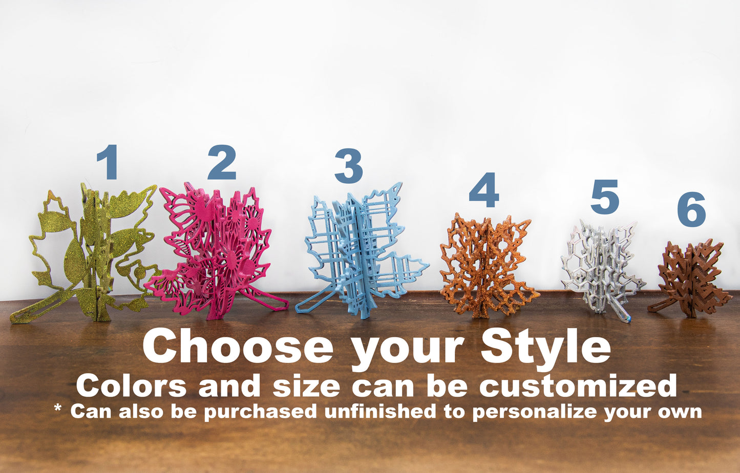 Freestanding 3D wooden leaf shelf sitters crafted with an interlocking two-piece design, painted in warm autumn colors such as orange, red, yellow, and brown. Each leaf features intricate engraved patterns and textures, making them perfect for seasonal tiered trays, mantels, or fall-themed centerpieces. Sizes range from 3 to 5.5 inches tall, with customizable color options for a unique, rustic autumn decor touch.
