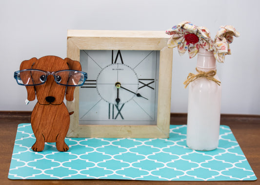DIY large stained dachshund glasses holder craft kit with unfinished wood pieces cut and sanded, ready to paint or stain. This eyeglass stand is shaped like a dachshund dog, designed to hold glasses securely and add charm to your home. Perfect for dog lovers looking for a creative project or a handmade gift idea, complete with easy assembly instructions.