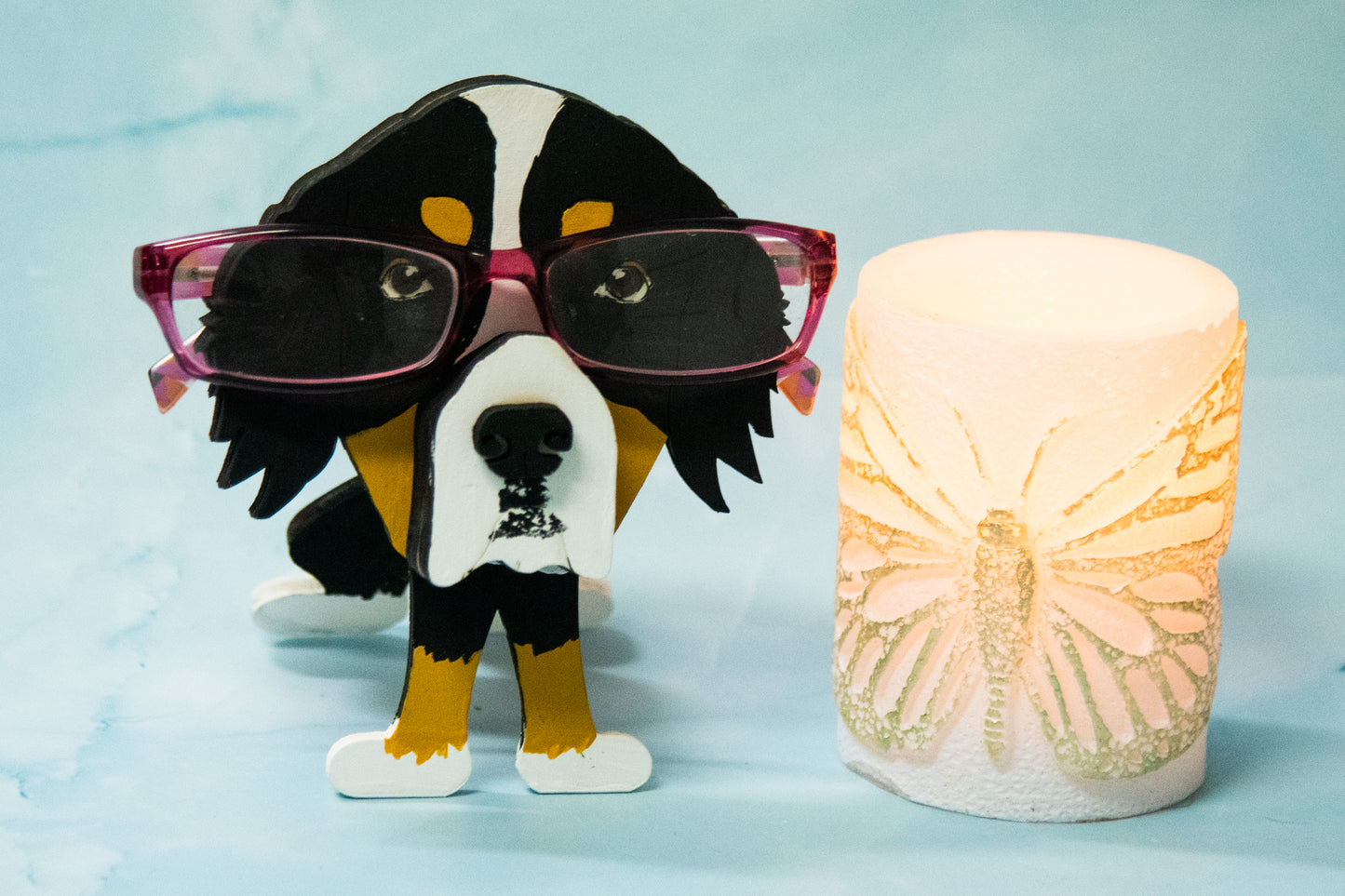 DIY wooden Bernese Mountain Dog glasses holder kit, paint your own unfinished dog eyeglass stand craft project, pet lover DIY decor gift, buildable wood dog breed glasses stand for crafters and dog lovers.
