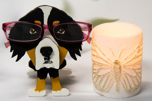 DIY wooden Bernese Mountain Dog glasses holder kit, paint your own unfinished dog eyeglass stand craft project, pet lover DIY decor gift, buildable wood dog breed glasses stand for crafters and dog lovers.
