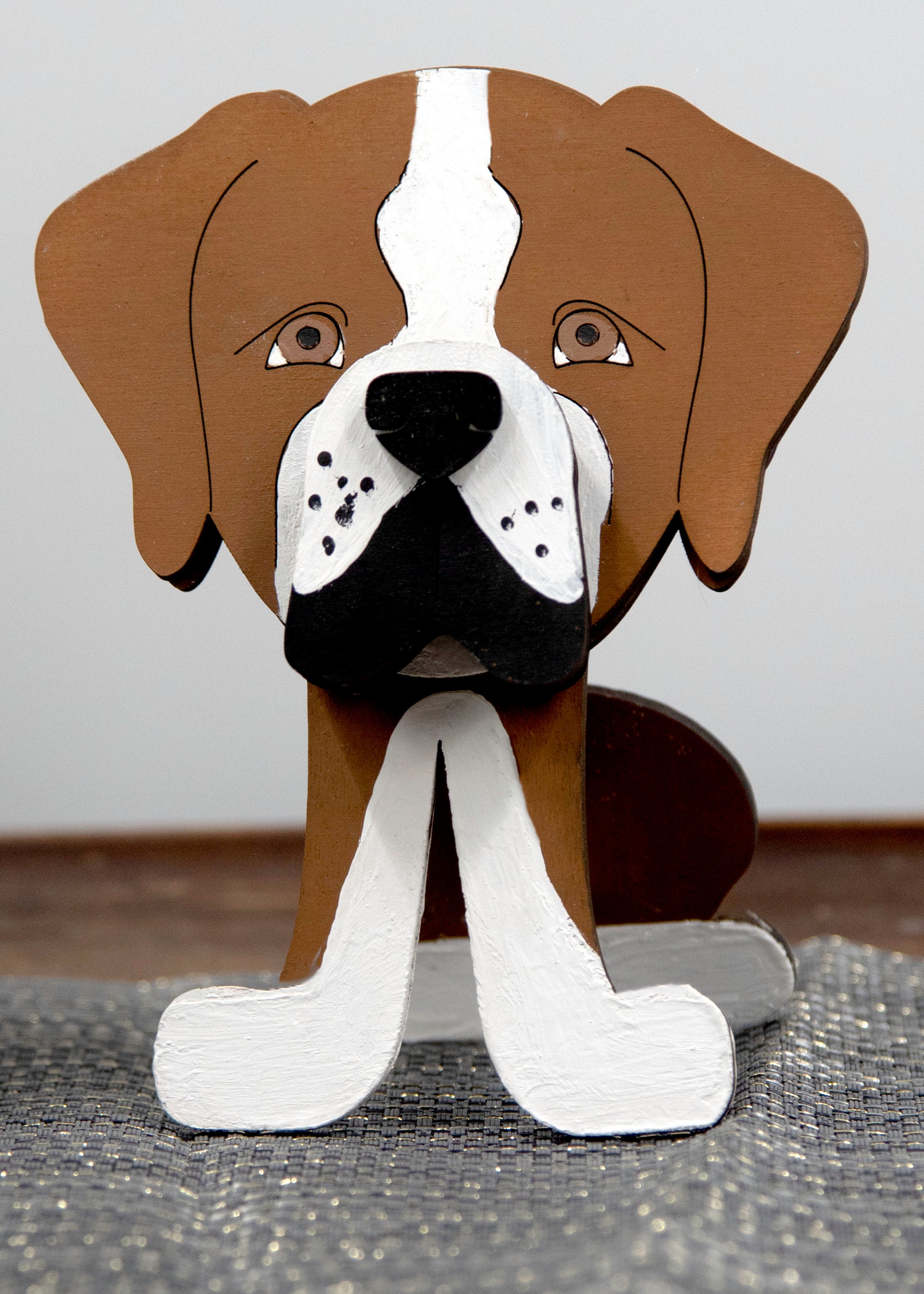 Handcrafted and hand-painted wooden Boxer dog glasses holder stand, custom eyeglass display with realistic details, perfect decorative pet lover gift for dog moms and dads, desk or shelf decor for eyeglasses or sunglasses