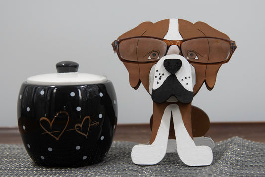 Handcrafted and hand-painted wooden Boxer dog glasses holder stand, custom eyeglass display with realistic details, perfect decorative pet lover gift for dog moms and dads, desk or shelf decor for eyeglasses or sunglasses