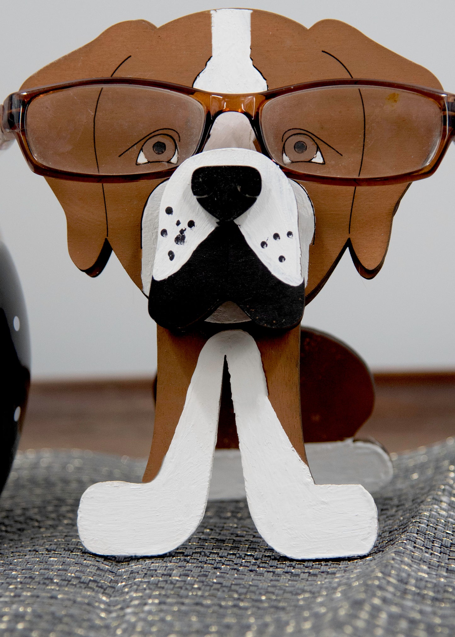 Handcrafted and hand-painted wooden Boxer dog glasses holder stand, custom eyeglass display with realistic details, perfect decorative pet lover gift for dog moms and dads, desk or shelf decor for eyeglasses or sunglasses