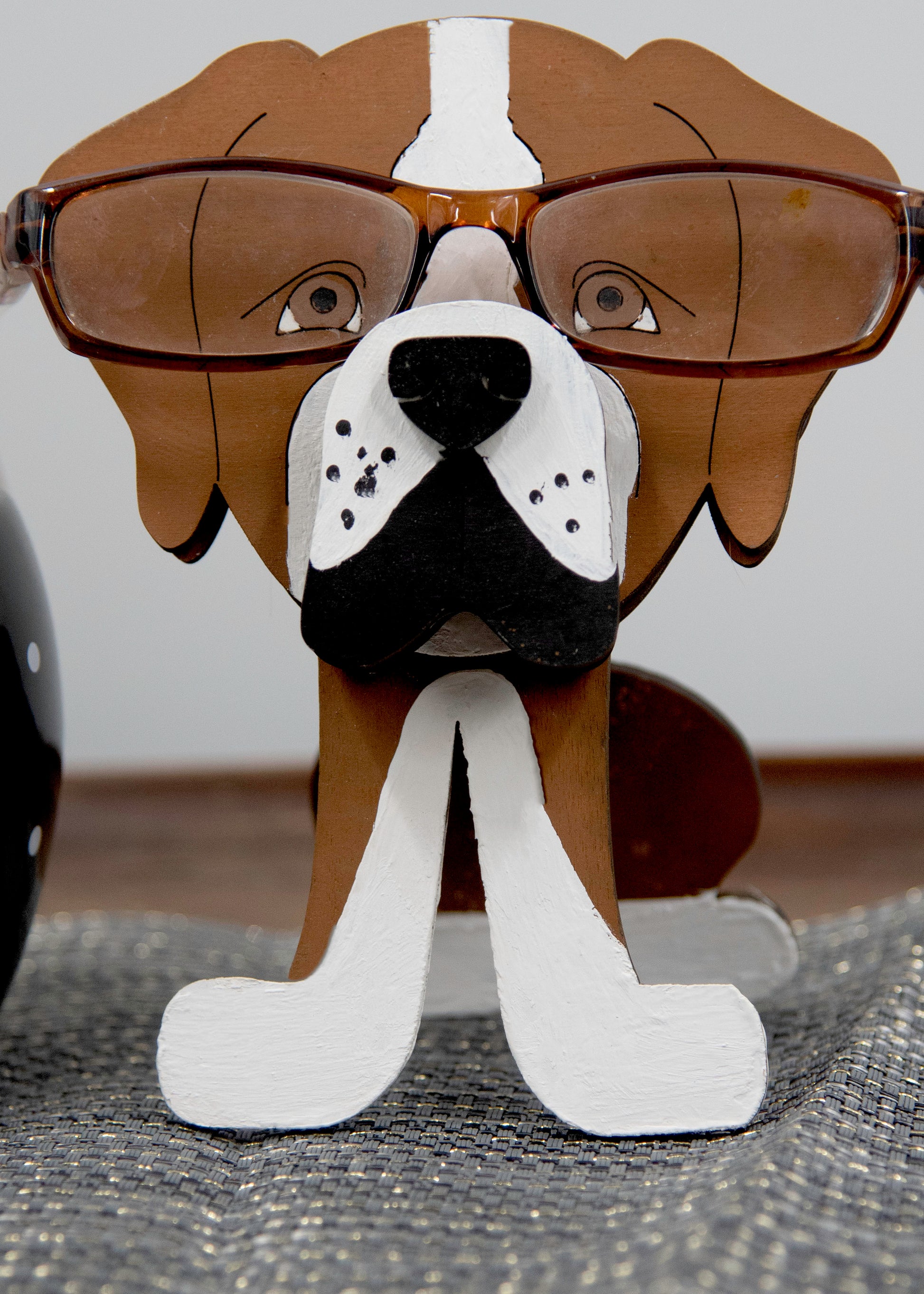 Handcrafted and hand-painted wooden Boxer dog glasses holder stand, custom eyeglass display with realistic details, perfect decorative pet lover gift for dog moms and dads, desk or shelf decor for eyeglasses or sunglasses