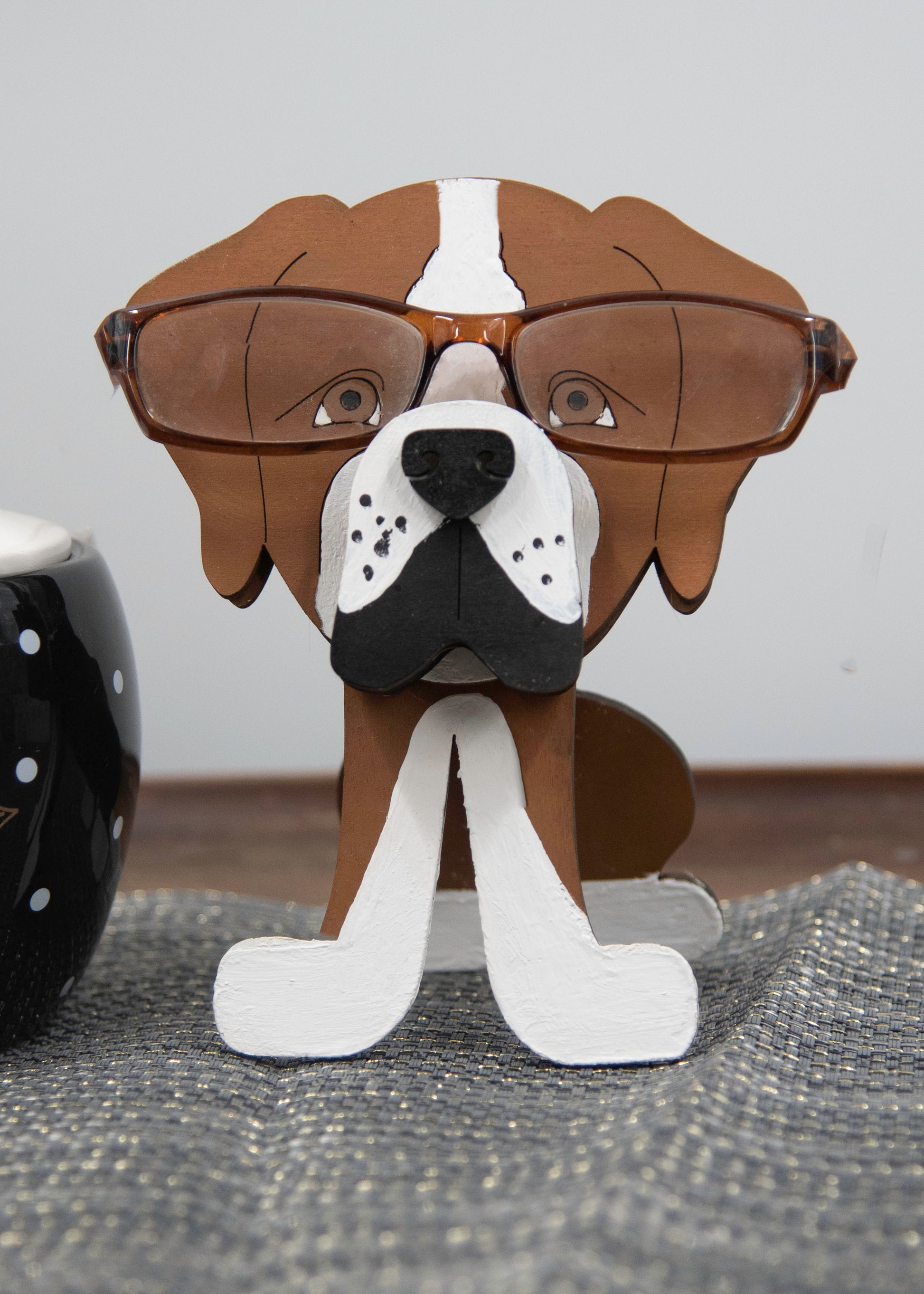 Handcrafted and hand-painted wooden Boxer dog glasses holder stand, custom eyeglass display with realistic details, perfect decorative pet lover gift for dog moms and dads, desk or shelf decor for eyeglasses or sunglasses