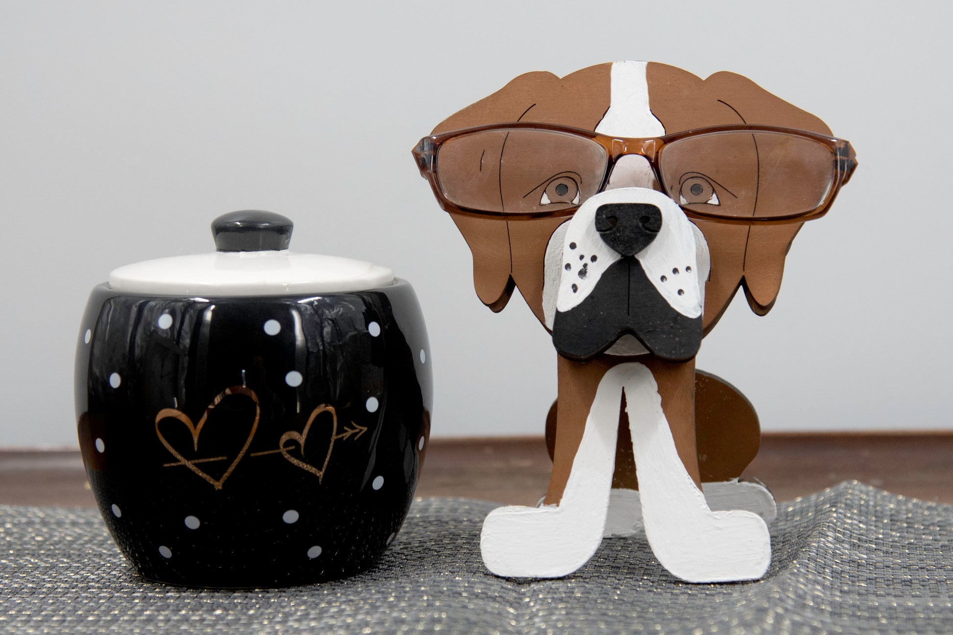 Handcrafted and hand-painted wooden Boxer dog glasses holder stand, custom eyeglass display with realistic details, perfect decorative pet lover gift for dog moms and dads, desk or shelf decor for eyeglasses or sunglasses