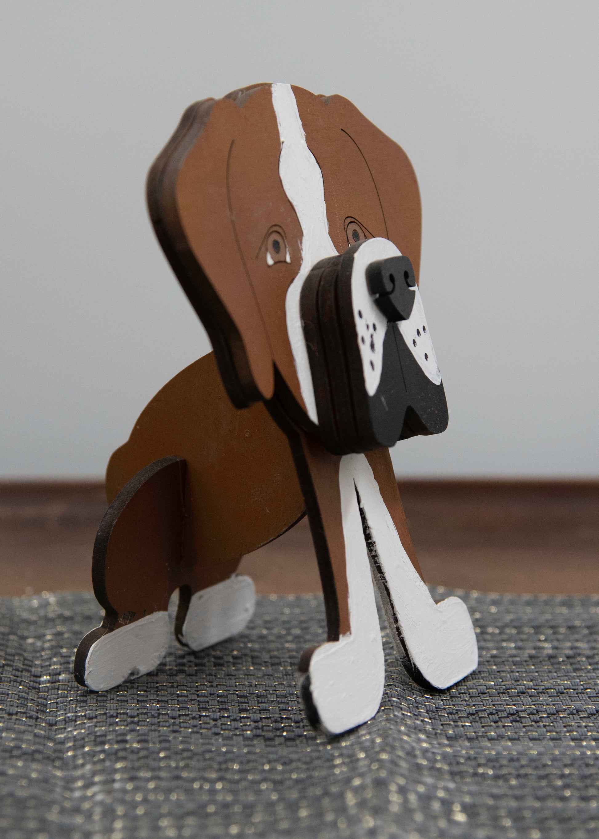 Handcrafted and hand-painted wooden Boxer dog glasses holder stand, custom eyeglass display with realistic details, perfect decorative pet lover gift for dog moms and dads, desk or shelf decor for eyeglasses or sunglasses