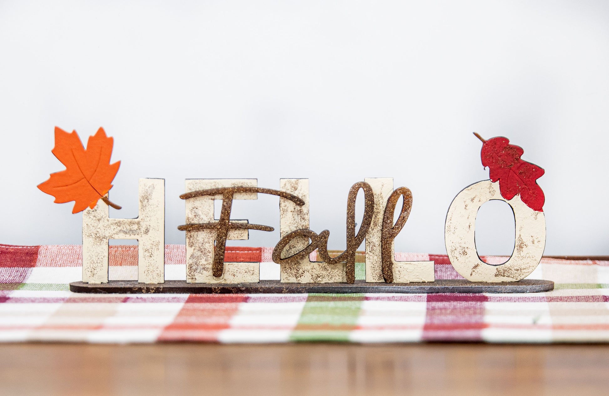 DIY wooden Hello Fall shelf sitter craft kit with autumn leaf accents, unfinished paint-your-own standing sign for fall and Thanksgiving home decor, rustic farmhouse seasonal decoration, includes all wood pieces for easy painting and assembly
