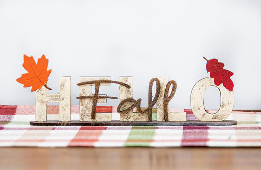 DIY wooden Hello Fall shelf sitter craft kit with autumn leaf accents, unfinished paint-your-own standing sign for fall and Thanksgiving home decor, rustic farmhouse seasonal decoration, includes all wood pieces for easy painting and assembly

