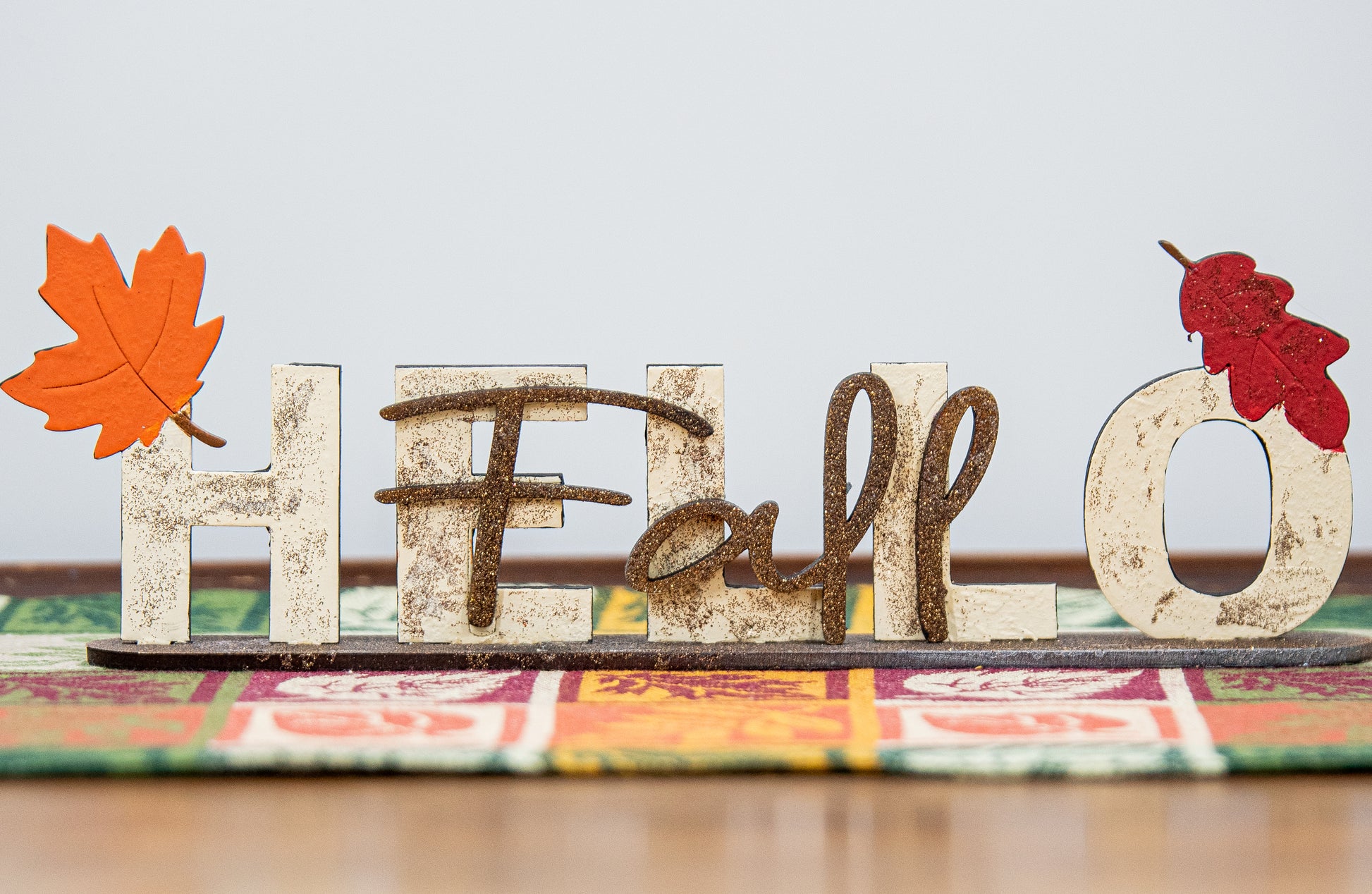 DIY wooden Hello Fall shelf sitter craft kit with autumn leaf accents, unfinished paint-your-own standing sign for fall and Thanksgiving home decor, rustic farmhouse seasonal decoration, includes all wood pieces for easy painting and assembly
