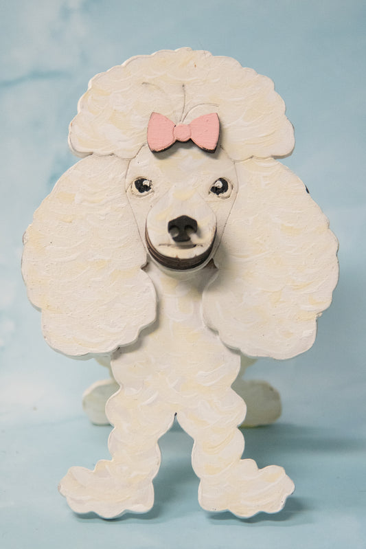 Handcrafted wooden poodle glasses holder stand in standard or miniature poodle shape, with optional bow detail, shown in black and white but fully customizable, unique dog lover gift
