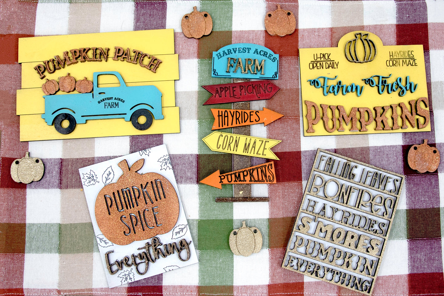 Pumpkin Patch Tiered Tray Set featuring 6 wooden fall decor pieces including pumpkin signs, hayride accents, and rustic autumn colors. Perfect for farmhouse style tiered trays, cozy fall shelf sitters, table decor, or entryway setups. Customizable colors available. Handmade rustic fall home decor that makes a beautiful seasonal accent or unique gift for autumn lovers. Finished version shown ready to display.