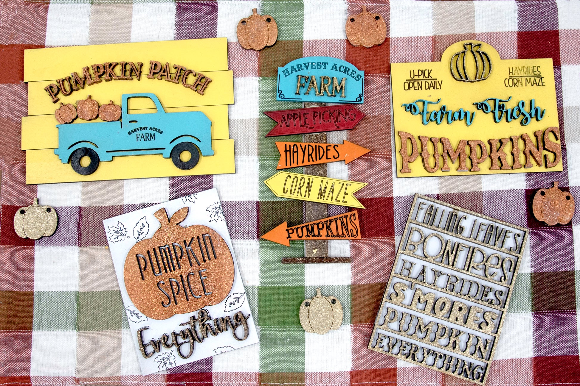 Pumpkin Patch Tiered Tray Set featuring 6 wooden fall decor pieces including pumpkin signs, hayride accents, and rustic autumn colors. Perfect for farmhouse style tiered trays, cozy fall shelf sitters, table decor, or entryway setups. Customizable colors available. Handmade rustic fall home decor that makes a beautiful seasonal accent or unique gift for autumn lovers. Finished version shown ready to display.
