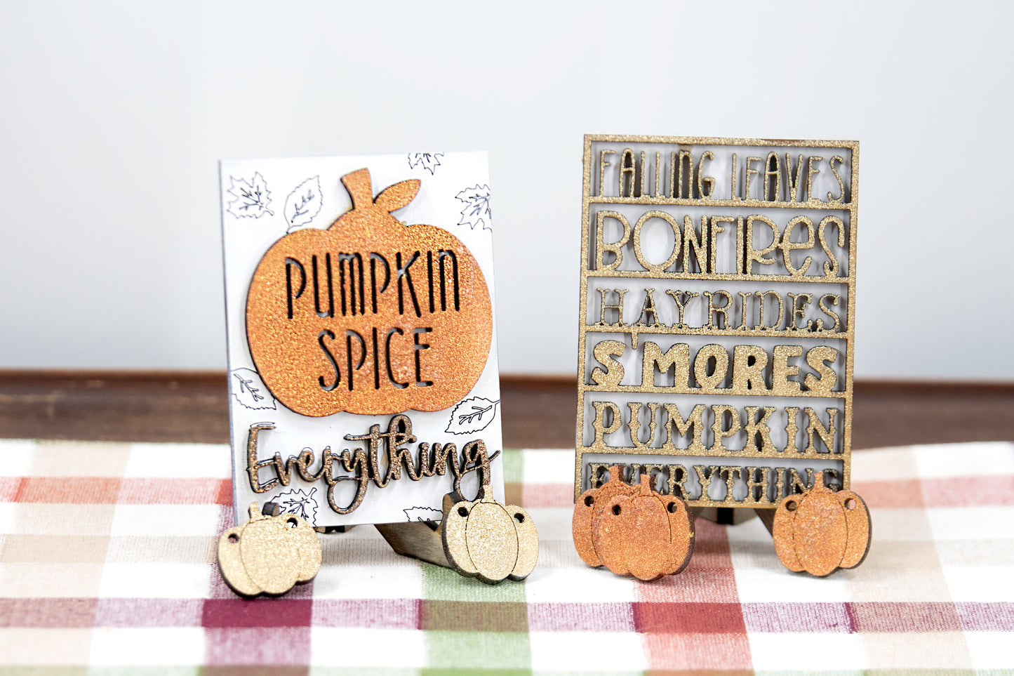 Pumpkin Patch Tiered Tray Set featuring 6 wooden fall decor pieces including pumpkin signs, hayride accents, and rustic autumn colors. Perfect for farmhouse style tiered trays, cozy fall shelf sitters, table decor, or entryway setups. Customizable colors available. Handmade rustic fall home decor that makes a beautiful seasonal accent or unique gift for autumn lovers. Finished version shown ready to display.