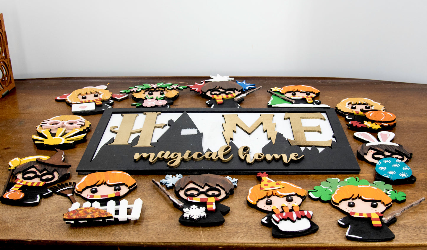 Full view of handcrafted wizard-themed interchangeable wooden sign that reads 'Home Magical Home' with wizard silhouettes forming the letter O, displayed on a shelf with all 12 hand-painted seasonal pieces including pumpkin, snowflake, shamrock, heart, sun, watermelon, leaf, ornament, egg, flower, flag, and candy corn — perfect for year-round magical home decor, Harry Potter-inspired, fantasy cottagecore aesthetic, unique seasonal gift for wizard fans and DIY crafters