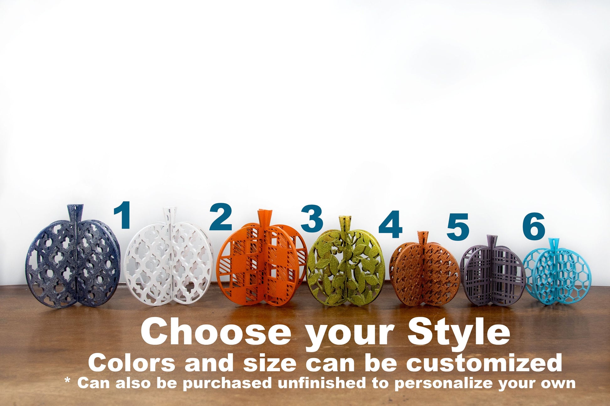 Set of handcrafted 3D wooden pumpkins in fall colors with interlocking design, standing upright for tiered trays or shelf decor, available in custom or traditional autumn tones.
